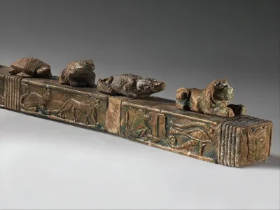 The only completely preserved example of its type, this four-segment glazed steatite rod dates to Dynasty 12 (c. 1878 to 1640 BCE). Used to 