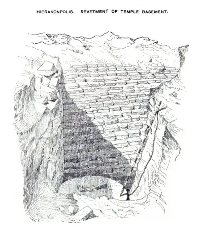 Revetment of the Predynastic temple basement at Hierakonpolis (Nekhen), photographed in 1900 during the landmark excavation of one of Predyn