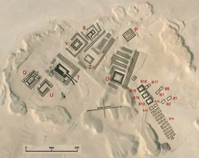Map overlay of the Peqer necropolis at Umm el Qaab, near Abydos in Egypt, showing the locations of royal tombs marked by letter designations